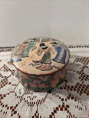 Hand-Painted Floral & Figure Porcelain Trinket Box - Multicolor